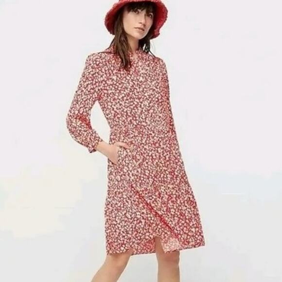 J. Crew Hadid Shirt Dress Womens Large Red Tossed Floral Cottagecore Tiered - Picture 1 of 10
